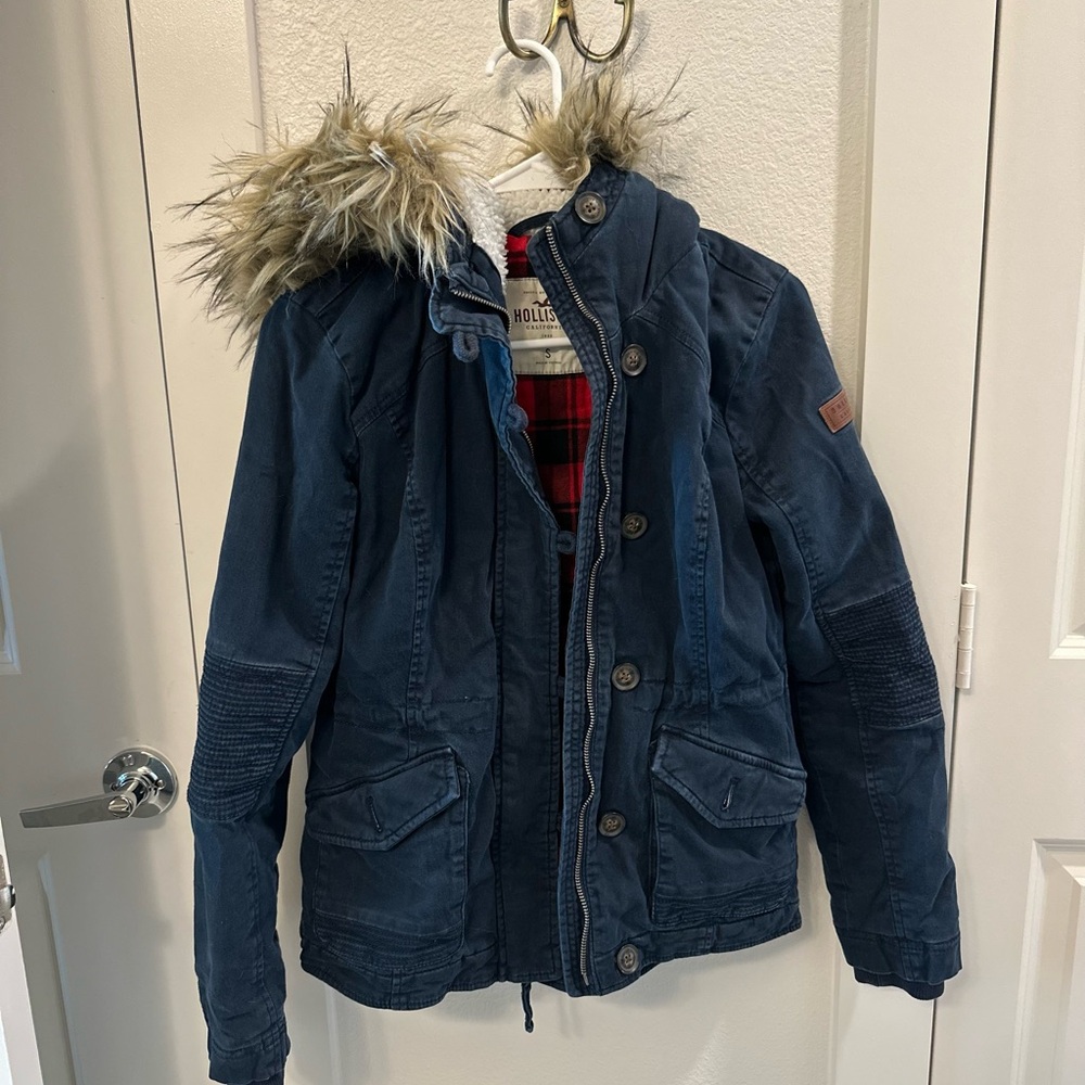 Hollister Blue Utility Jacket with Faux Fur Hood